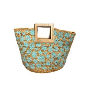 Twig & Arrow Boho Woven Jute Tote Bag W/ Turquoise Floral Design Wooden Handles
